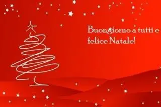 immagine con sfondo rosso e un albero di natale stilizzato e una scritta per augurare buongiorno nel periodo di natale